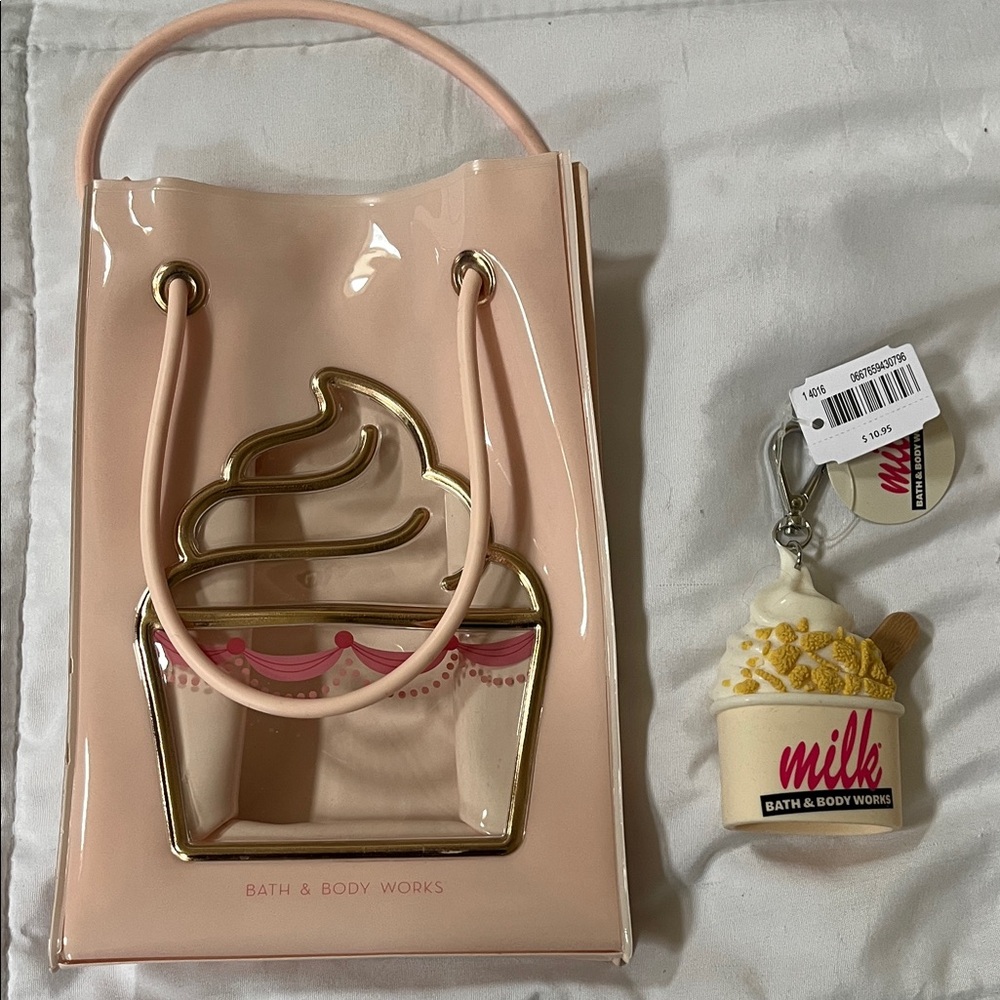 Bath & Body Works Pink and Rose Gold Cupcake Tote + Milk hand sanitizer holder